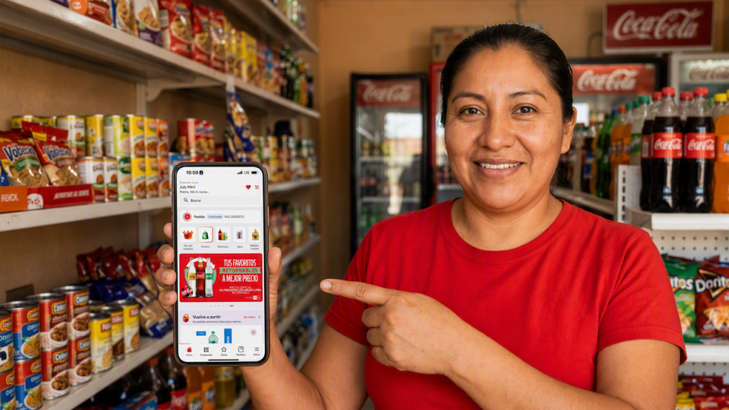 Tendera en su tienda de abarrotes sonriendo mientras señala la pantalla de su celular con una app para la gestión de inventarios y pedidos.